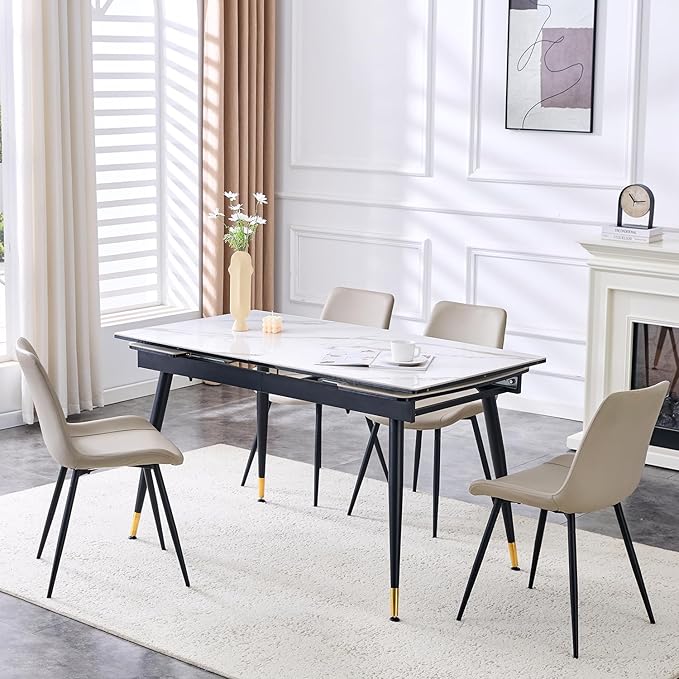 Extendable Dining Table Set for 4, 55'' to 78.8'' Rectangular Thickened Sintered Stone Kitchen Table with 4 Upholstered Chairs, Modern Space Saving 5-Piece Dinner Table Set