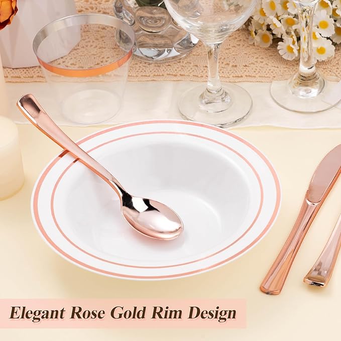 BESTSTAR 100 Pack Disposable Soup Bowls with Rose Gold Rim, 12oz Premium Heavy Duty Plastic Dinner Bowls for Party, Wedding and Holiday