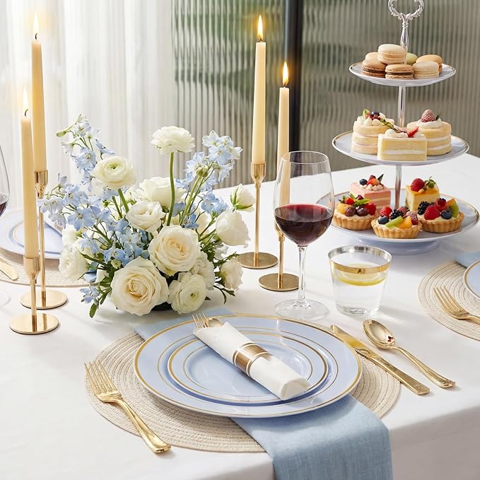 175PCS Blue Plates Disposable - Baby Blue Plastic Plates - 25Guests Plastic Dinnerware with Rolled Napkins for Wedding/Birthday/Baby Shower/Easter