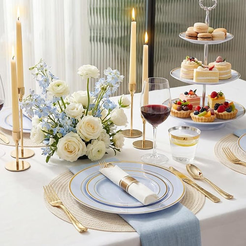 175PCS Blue Plates Disposable - Baby Blue Plastic Plates - 25Guests Plastic Dinnerware with Rolled Napkins for Wedding/Birthday/Baby Shower/Easter