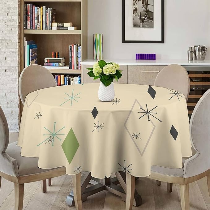 Colorful Middle Century Round Tablecloth, Vintage Bohemian Mid Century Modern Retro Print Tablecloth for Home Party Dining Room Kitchen Decor 70Inch(178cm)