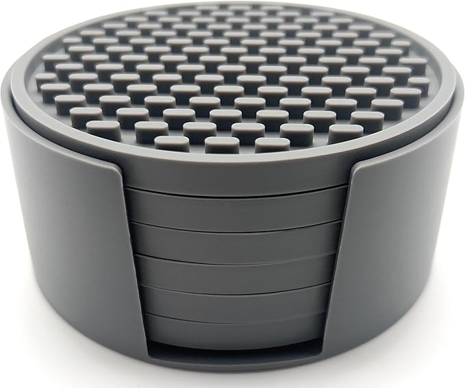 Happitasa 4.25 Inch Bar Mat Style Silicone Beverage Coasters, Set of 6 with Holder (Grey)