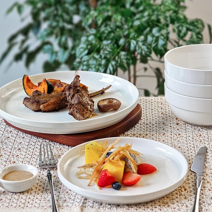 HAPPY KIT 12 Pieces Porcelain Dinnerware Set, Serving Plates and Bowls Set for 4, Chip and Scratch Resistant White Kitchen Dishware Sets, Thick-edge Non-slip Design