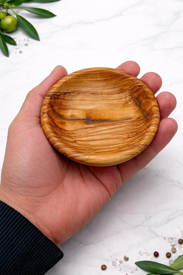 Zuluf Olive Wood Small Serving Bowl Plate Made in Bethlehem - Very Small 3.7 Inch Handcrafted Wooden Dish for Food Display, Snacks, Nuts, Dips, Appetizers & Rustic Kitchen Decor