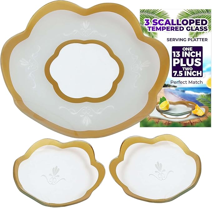 GAC Scalloped Tempered Glass Dessert Plates and Platters - Elegant Dinnerware & Decorative Plates with Gold Trim, Ideal for Serving Food, Special Occasions, and Presents - Set of 3