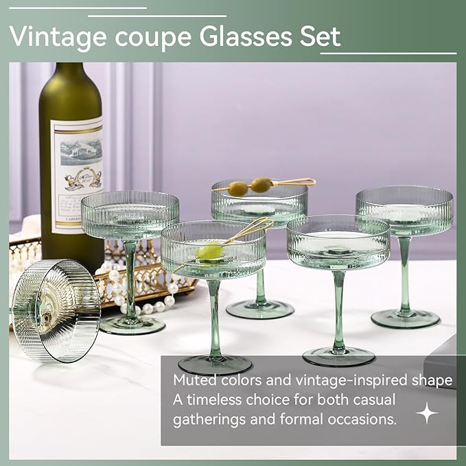 Green 9 oz Vintage Art Deco Coupe Glasses Set of 6 Ribbed martini Glasses |Vintage Cocktail Glasses Set,Unique Colored Coupe Glass, Classic Cocktail Glassware
