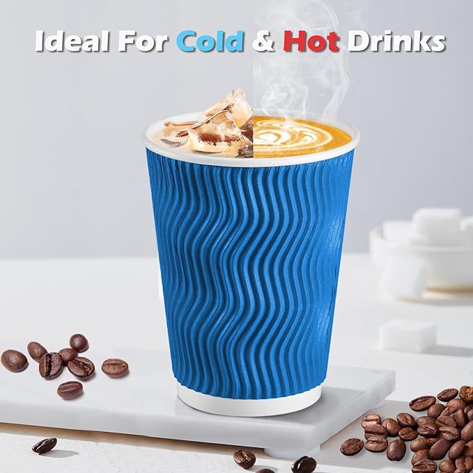 Lamosi 12 oz Insulated Coffee Cups Disposable - 50 Count Blue Paper Coffee Cups No Lids 12oz, Corrugated Ripple Wall Design for Hot Cold Drinks