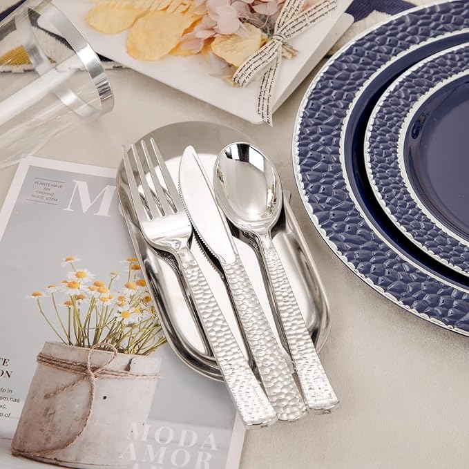 Ciaell 150 PCS Blue and Silver Plastic Plates - Blue Disposable Plate include 50 Plates, 25 Knives, 25 Forks, 25 Spoons, 25 Cups for Weddings & Party
