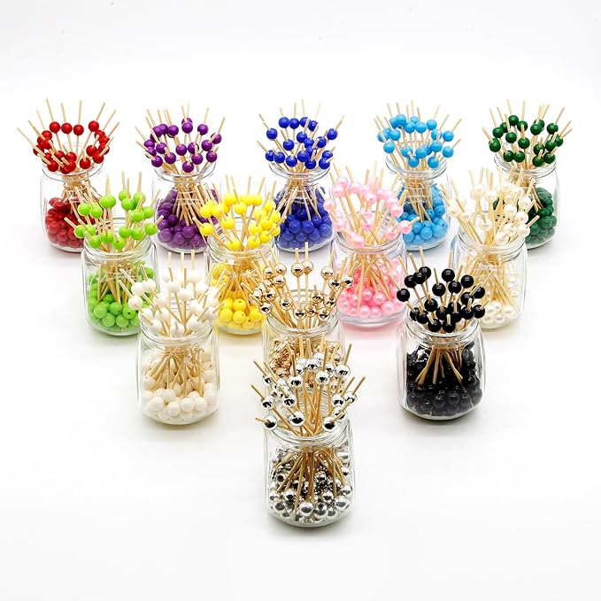 Minisland White Pearl Cocktail Picks, 4.7 Inch Long Bamboo Fancy Toothpicks for Appetizers, Decorative Christmas Bridal Wedding Party Food Drink Garnish Fruit Kabob Skewer Sticks 100 Counts - MSL152