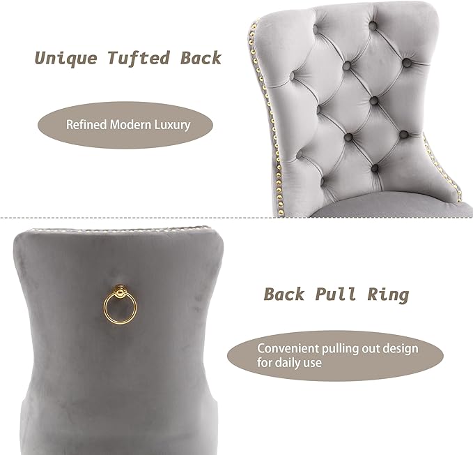 KCC Velvet Dining Chairs Set of 4, Upholstered High-end Tufted Dining Chair with Nailhead Back Ring Pull Trim Stainless Steel Legs, Contemporary Nikki Collection Modern Style for Kitchen, Light Gray