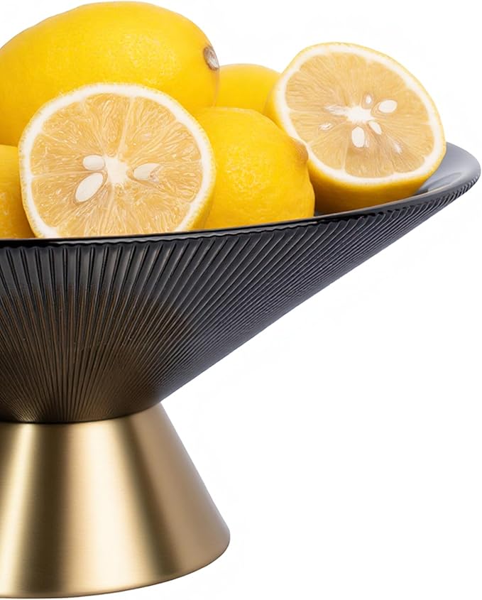 Tapered Glass Decorative Bowl (Gray), 9.8 Inches Handblown Striped Design Fruit Bowl with Rust-Resistant Metal Base for Home Decor, Table Centerpiece, Kitchen Island and Dining Decor