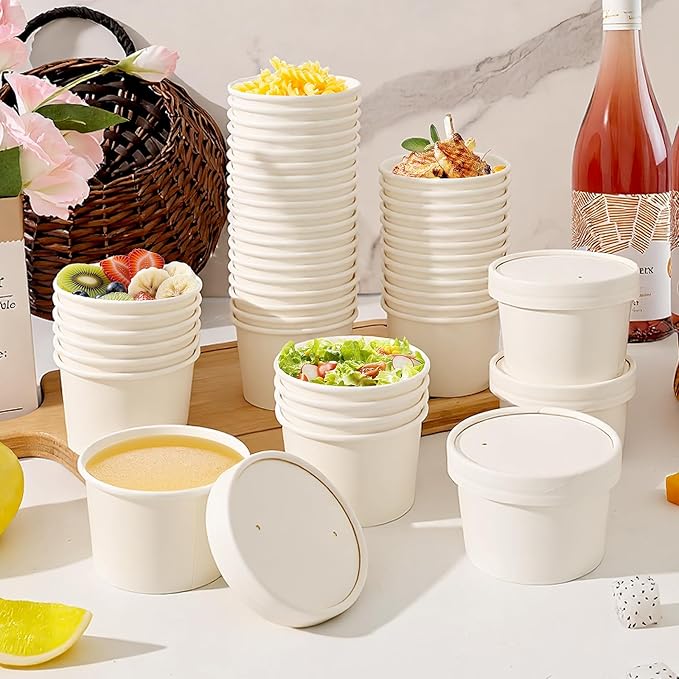 DI QIU REN 8oz Paper Soup Container Cup with Vented Lids, Disposable Paper Food Container Kraft Dessert Bowl Soup Bowls, Microwavable and Freezer Safe for Hot Soup, Ice Cream (100 Pcs - White, 8 oz)