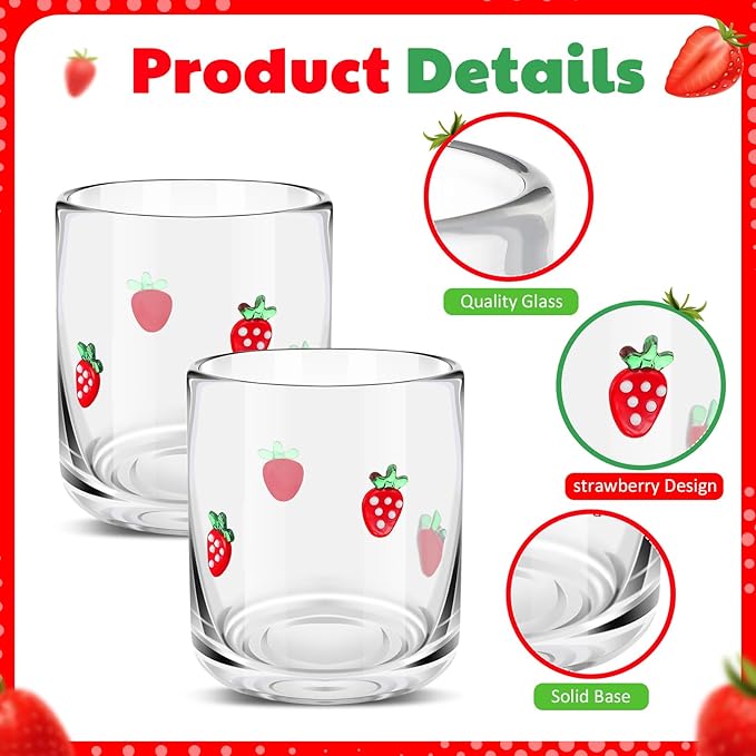 Icon Juice Glasses, 14oz Stemless Wine Drinking Juice Glass Cup for Valentine Party Supplies Gift(2 Pcs,Strawberry)