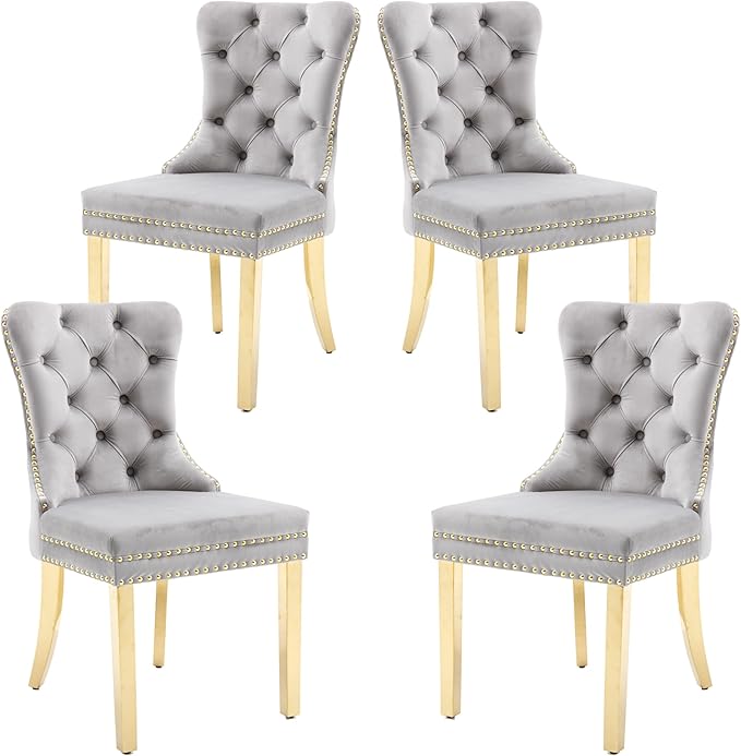 KCC Velvet Dining Chairs Set of 4, Upholstered High-end Tufted Dining Chair with Nailhead Back Ring Pull Trim Stainless Steel Legs, Contemporary Nikki Collection Modern Style for Kitchen, Light Gray