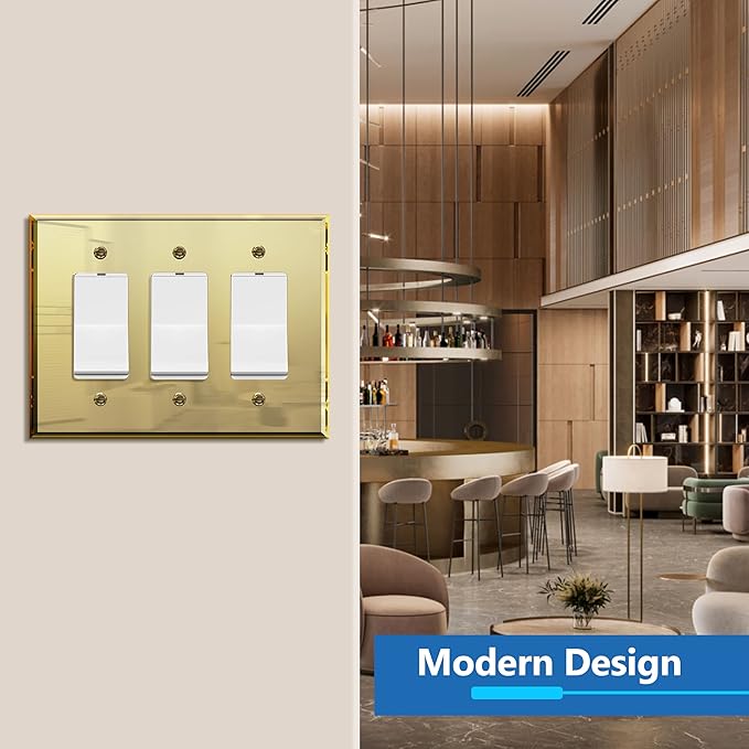 LIDER Reflective Acrylic Decorator Wall Plate, Mirrored Light Switch Plate, Plexiglass Outlet Cover, Acrylic Glass, Oversized 3-Gang 5.25" x 7.06", LWP-33O-AGD, Gold
