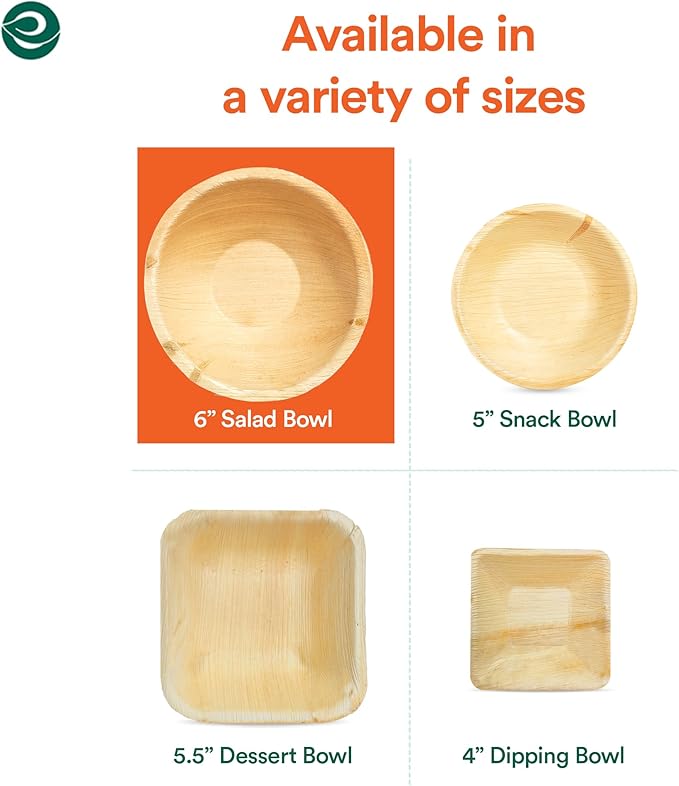 ECO SOUL 100% Compostable, Biodegradable, Disposable Palm Leaf Bowls |6 inch, 16oz, pack of 50 (Round) | Like Bamboo Bowls, Eco-friendly | Sturdy, Microwave & Oven Safe