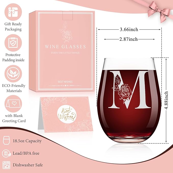 Valentines Day Gifts for Her, Gifts for Women Her Friend Mom Grandma Wife Sister Bridesmaid Nurse, Birthday Galentines Mothers Day Christmas, Personalized Initial Customized Wine Glasses 18OZ(M)