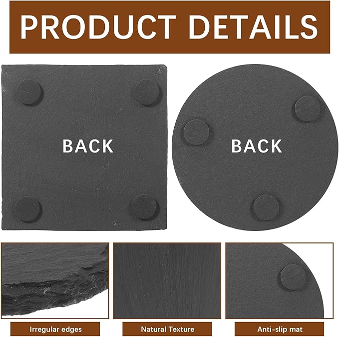 12pcs Slate Coasters, Black 4 Inch Bulk Blank Rock Coasters Blank Laser Engraving, Hand Painted DIY, Scratch Resistant Bottom (6*Square+6*Round)