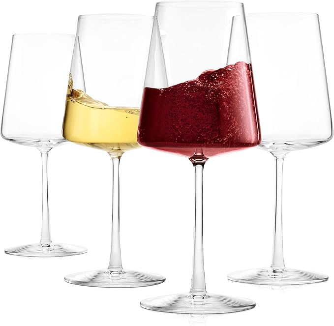BENETI Wine Glasses Set of 4 | 17oz Handmade Luxury Crystal Red & White Long Stem Glass | Unique Modern Shape, Packaged In Beautiful Gift Box