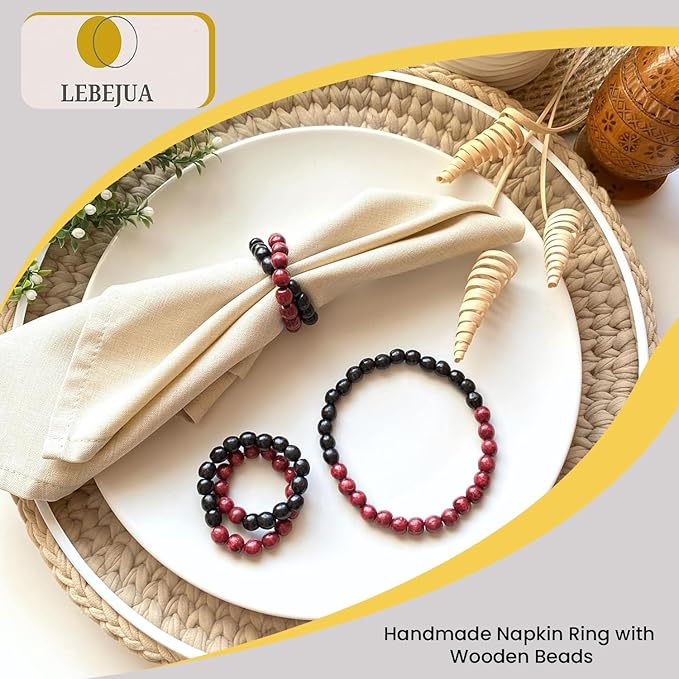 Napkin Rings Set of 6 - Modern Napkin Holder Rings with Wooden Beads | Dinner Napkin Ring for Holiday & Christmas, Birthday Party & Wedding Decor - Farmhouse Napkin Rings Bulk (Bojo)