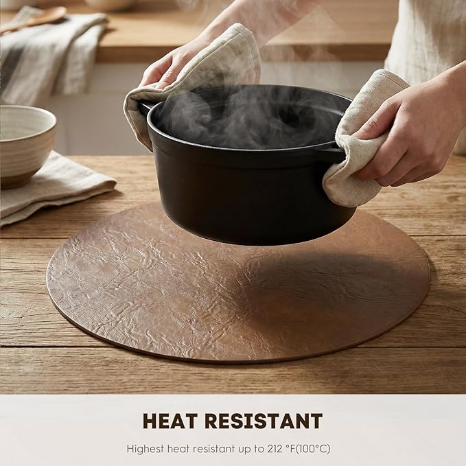 Artoid Mode Brown Faux Leather Placemats Set of 6, 15 Inch Waterproof Wipeable Heat Resistant Vinyl Place Mats, Reversible Table Mats for Kitchen Dining Decor