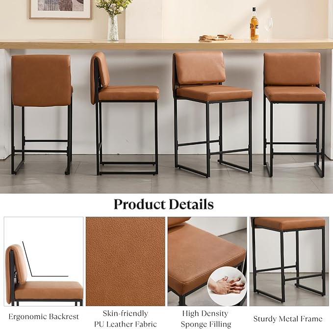 Modern Barstools Set of 2, 26” Upholstered Counter Height Bar Stools PU Leather Fabric Counter Stools with Padded Back Metal Frame for Kitchen Island Dining Room, Brown