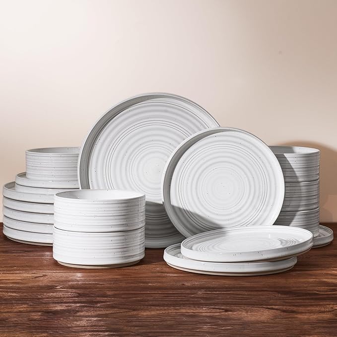 Plates and Bowls Sets for 6 (18-Piece) Stoneware Reactive Glaze Dinnerware with Speckles & Spirals, Chip and Scratch Resistant Straight Dishes Set with Gift Box, Microwave Dishwasher Safe, White