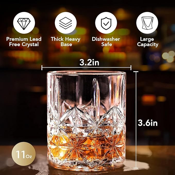 Crystal Whiskey Glass Set of 2 - Old Fashioned Bourbon Glasses, Perfect for Scotch and Cocktails (Style 1,2pcs)
