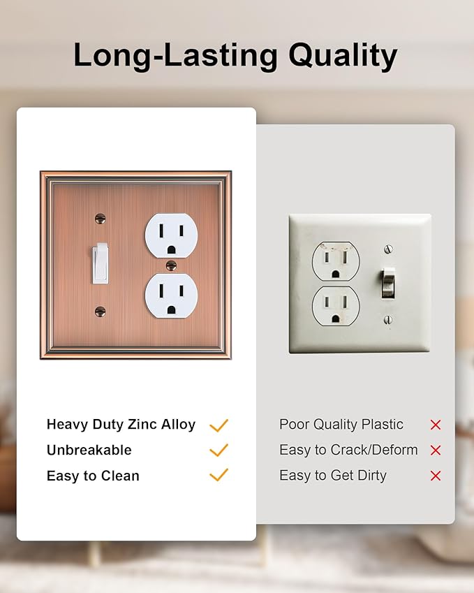 2-Pack Combo Toggle/Duplex Light Switch Cover Plate, Antique Copper Wall Outlet Cover Plate, Decorative Wall Receptacle Cover for Electrical Outlets, Light Switch, Durable Solid Zinc Alloy