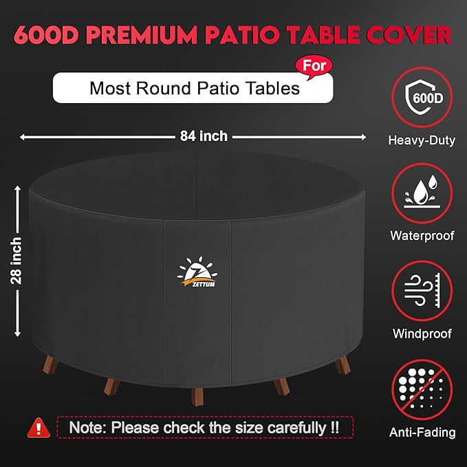 Zettum Round Patio Table Cover 84 Inch - 600D Outdoor Furniture Cover Round Waterproof & Heavy Duty, Lawn Furniture Set Covers Large for Outside Dining Table and Chairs Seating - 84 x 84 x 28 Inch