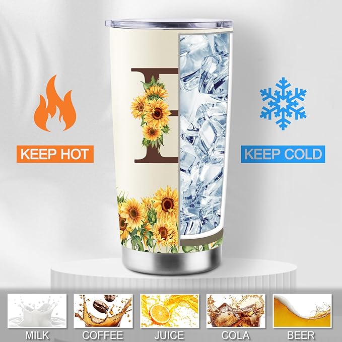 Sunflower Gifts for Women - Personalized Christmas Gifts for Women - Birthday Gift for Woman - Mothers Day Gift for Mom - Monogrammed, Initial 20oz Travel Cup Insulated Tumbler with Lid, E