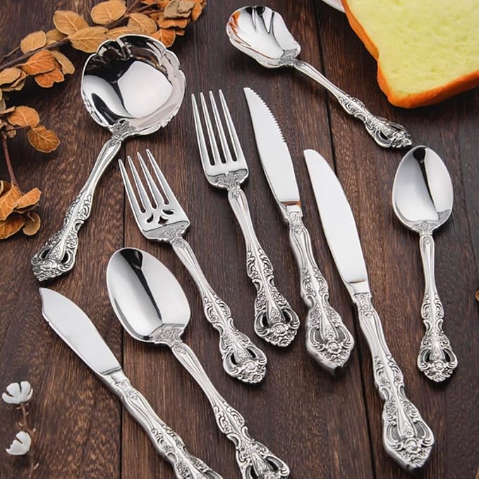 TWEE Luxury Fine Silverware Set for 12 Flatware Set 60 Pieces Relief Sculpture Openwork Design Elegant Tableware Set 18/10 Stainless Steel Cutlery Set Utensil Sets for Home Restaurant Dishwasher Safe
