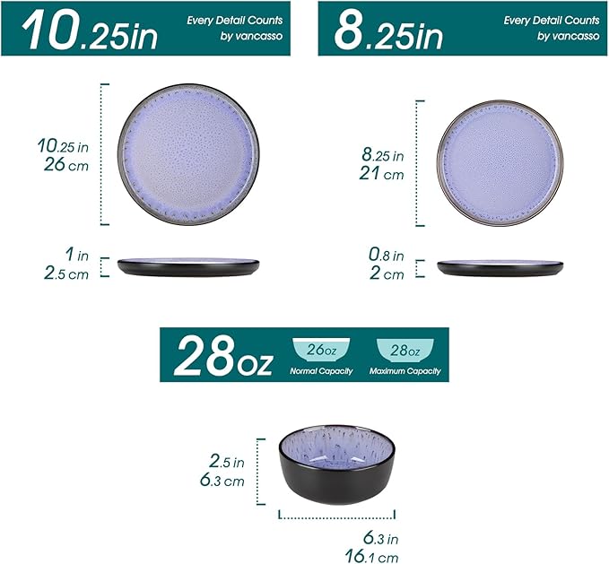vancasso Plates and Bowls Sets, 24 Pieces Stoneware Dinnerware Sets for 8, Kitchen Dish Set Mircowave and Dishwasher Safe Ceramic Dishware, Purple, Series AMBER