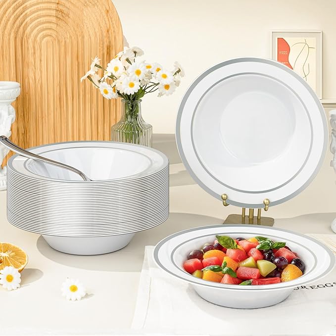 BESTVIP 200 Pack Plastic Bowls with Silver Rim, 12 oz Disposable Soup Bowls, Heavy-duty Dessert Fruit Bowl for Party, Wedding, Christmas, Dinner Catering