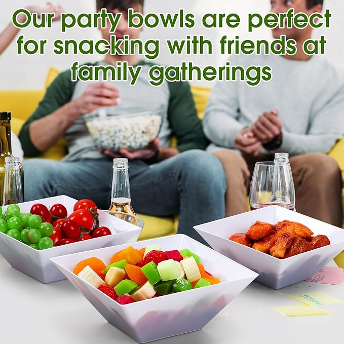 Tioncy 30 Pcs Square Plastic Serving Bowls, Medium Salad Fluted Plastic 35 oz Disposable Serving Bowls Containers for Parties, Snack, Buffet, Chips(White,Classic)