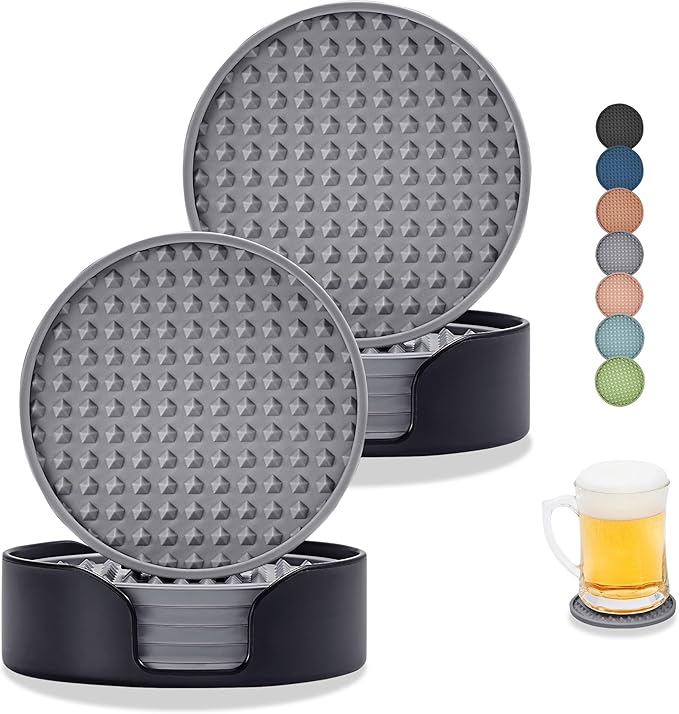 Coasters for Drinks, Silicone Coasters Set of 12 with ABS Holder, Outdoor Coaster for Coffee Table, Non-Slip Rubber Table Cup Mat Desk, Heat Resistant & Scratch-Proof (Grey)