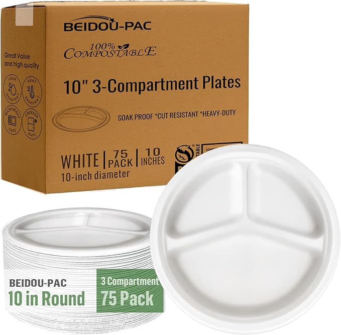 3 Compartment Compostable Heavy Duty Disposable Paper Plates, 75 Count | 10 Inch Round | Natural Bagasse, White Biodegradable Eco-Friendly School Lunch, Buffet, Party Sugarcane Tray