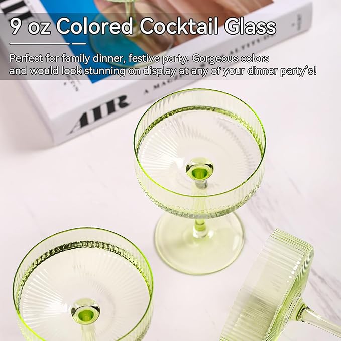 Green Vintage Art Deco Coupe Glasses Set of 6-9 oz Pale Green Ribbed martini Glasses|Vintage Cocktail Glasses Set,Unique Light green Coupe Glass