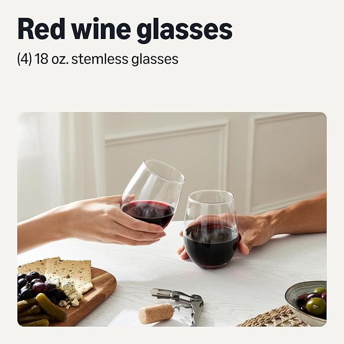 Amazon Basics Stemless Red Wine Glasses, 4-Piece Set, 18 oz., Dishwasher-Safe