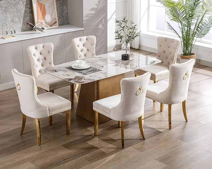 KCC Velvet Dining Chairs Set of 6, Upholstered High-end Tufted Dining Chair with Nailhead Back Ring Pull Trim Stainless Steel Legs, Contemporary Nikki Collection Modern Style for Kitchen, Beige