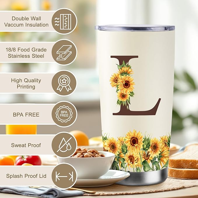 Sunflower Gifts for Women - Personalized Christmas Gifts for Women - Birthday Gift for Woman - Mothers Day Gift for Mom - Monogrammed, Initial 20oz Travel Cup Insulated Tumbler with Lid, L