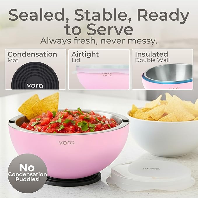 Vora 35oz Dip Chiller Bowl with Lid | 1 Pack Pink Stainless Steel Chilled Serving Bowl Keep Dips, Salads, and Appetizers Perfectly Cold with Leak-Resistant Ice Bowl for Effortless Hosting