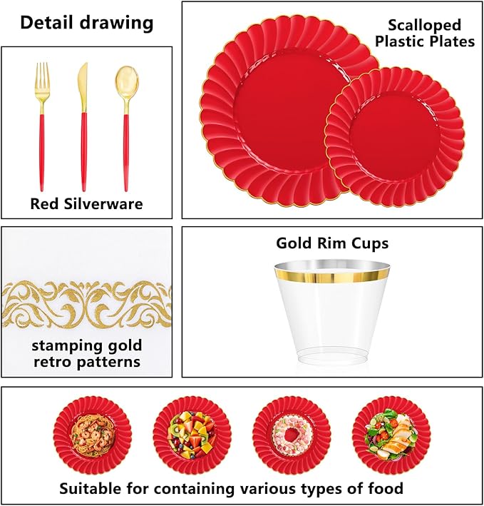 Ciaell 175 PCS Red Scalloped Plastic Plates with Gold Trim - Red Plastic Silverware with Handle - Fancy High-End Dinnerware Sets for Wedding & Valentine's Day & Party