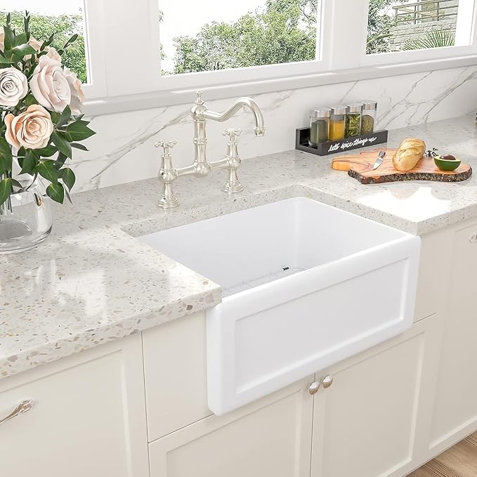 Sarlai White Farm Sink - 24 x 18 Inch Farmhouse Sink White Apron Front Ceramic Porcelain Fireclay Reversible Single Bowl Farm Farmer Sinks Laundry Utility Sinks Basin