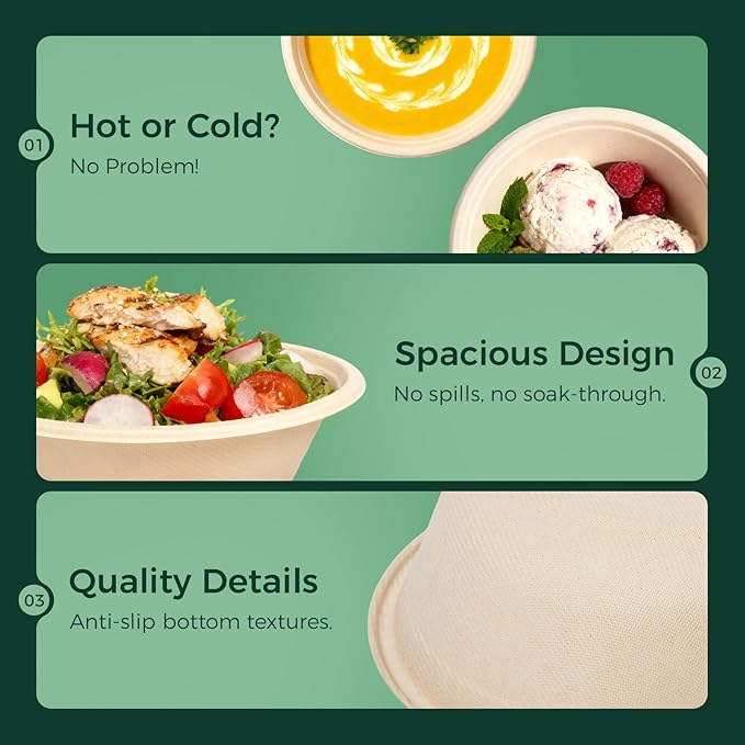 16 Oz [100 Pack] Small Disposable Paper Bowls - Heavy Duty and 100% Compostable - Natural Bagasse Biodegradable Bowls for Chili,Ice Cream,Dessert