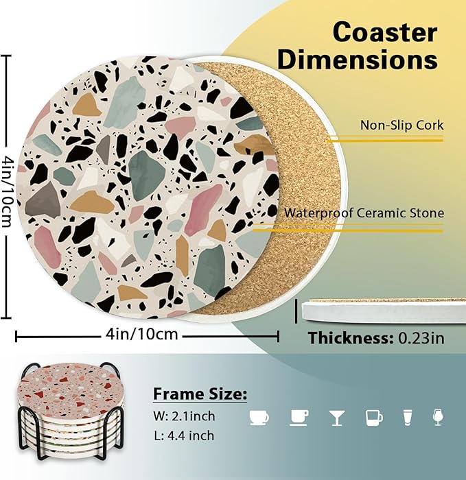 Terrazzo Ceramic Coasters with Holder Set of 6, Colorful Modern Art Absorbent Drink Cup Mat for Coffee Table Protection, 4 Inches Minimalist Artistic Home Kitchen Decor Housewarming Gifts
