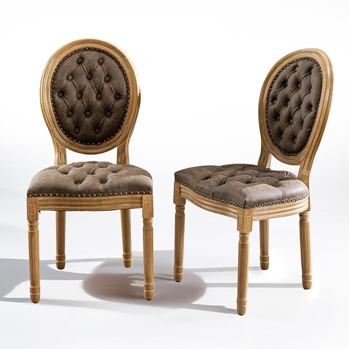 SoarFlash French Dining Chairs Set of 2, Vantage Dining Chair with Round Back, Wood Leg Farmhouse Country PU Leather Dining Chair for Kitchen,Bedroom,Brown