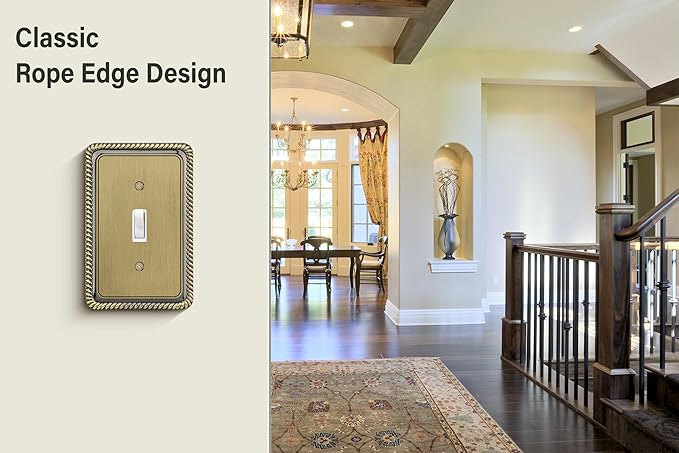 Henne Bery Rope Edge Decorative Wall Plate Switch Plate Outlet Cover (Single Toggle, 3 Pack, Antique Brass)