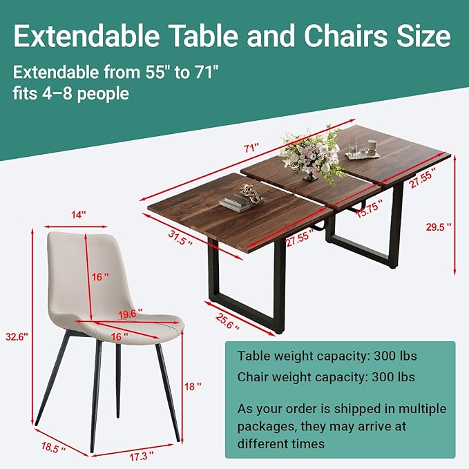 Extendable Dining Table Set for 6, 55"–71" Modern Wood Kitchen Table with 6 Upholstered Chairs, Space-Saving for Living Room Apartment, Sturdy & Comfortable, Easy Assembly