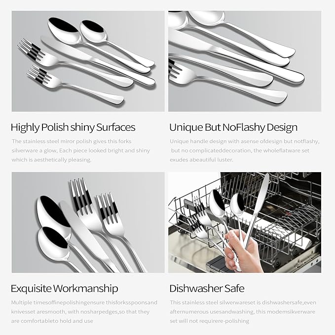 Silverware Set, 20 Piece Flatware Cutlery Set for 4, 18/8 Stainless Steel Silverware Mirror Polished Dishwasher Safe for Home, Restaurant, Wedding, Party Cutlery(Silver, 20 pieces for 4)